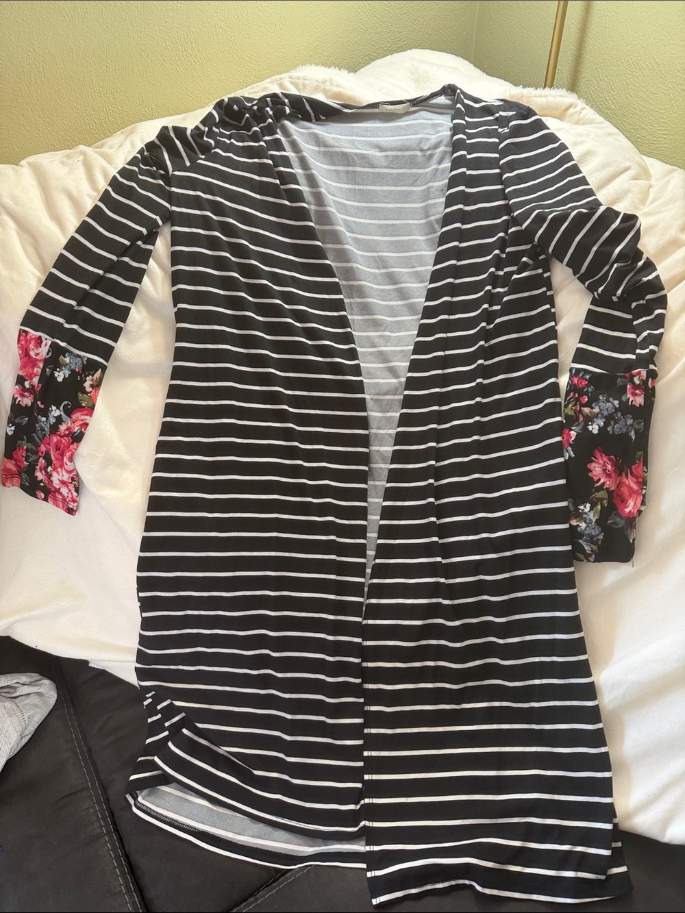 Reborn J Black & White Striped Open Cardigan with Floral Cuffs